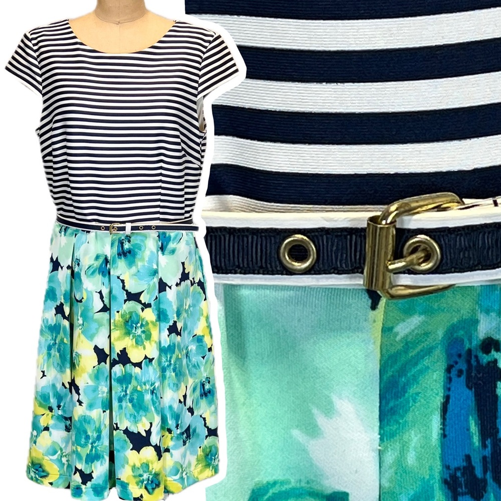 Nautical yacht sailing midi dress navy stripe watercolor floral‎ belted waist